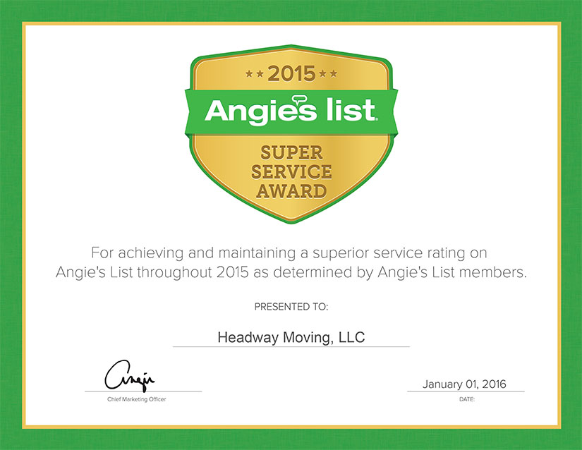 Headway Moving Earns Esteemed 2015 Angie’s List Super Service Award