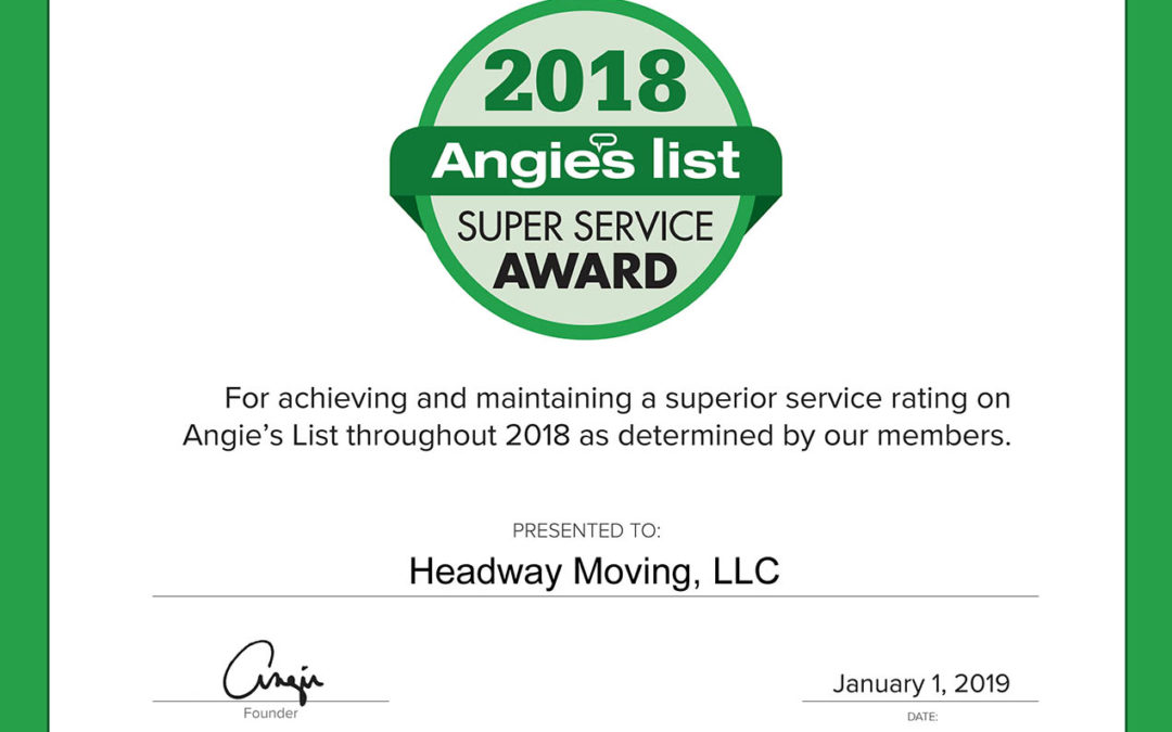 Headway Moving Earns 2018 Angie’s List Super Service Award